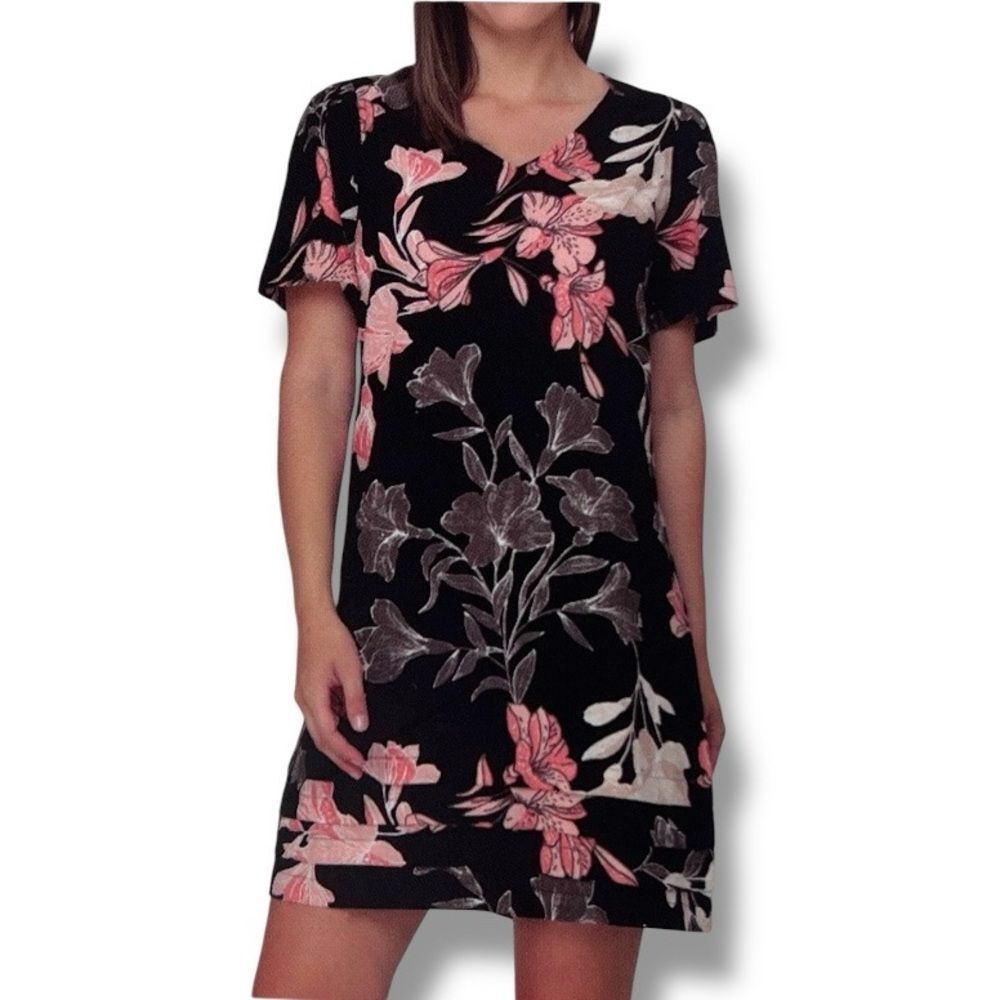 NWT Nicole Miller Linen Floral Short Sleeve V Neck Dress